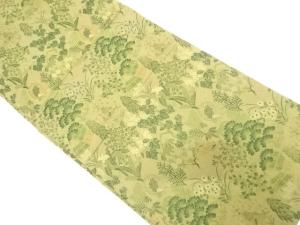 アンティーク　草花に家屋・孔雀模様織り出し丸帯（材料）